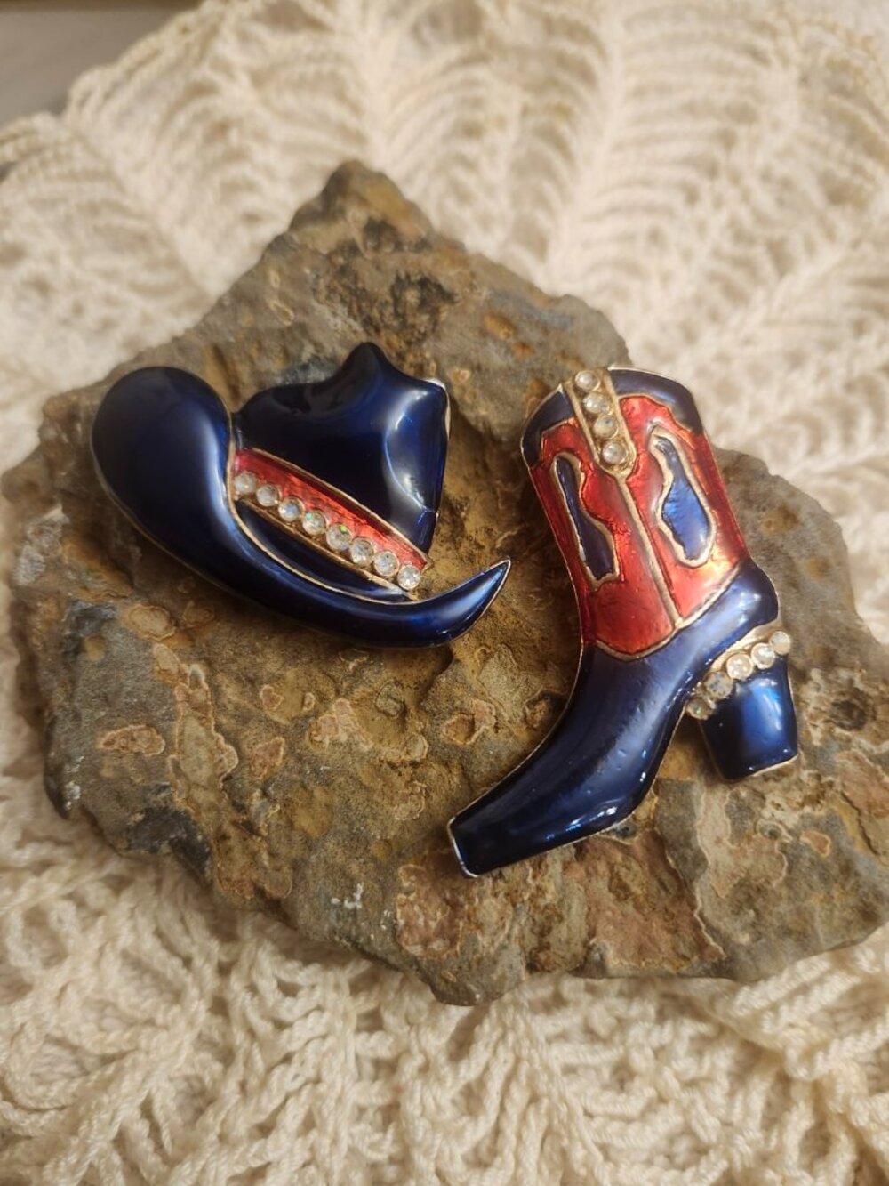 Vintage Western Cowboy Hat & Boot Brooch Set Rhinestone Enamel